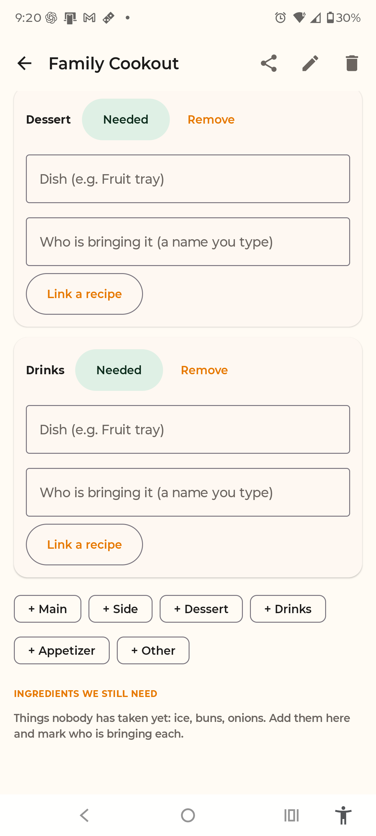 FriendChef gathering dishes screen showing Main, Side, Dessert, Drinks, and linked recipe fields.