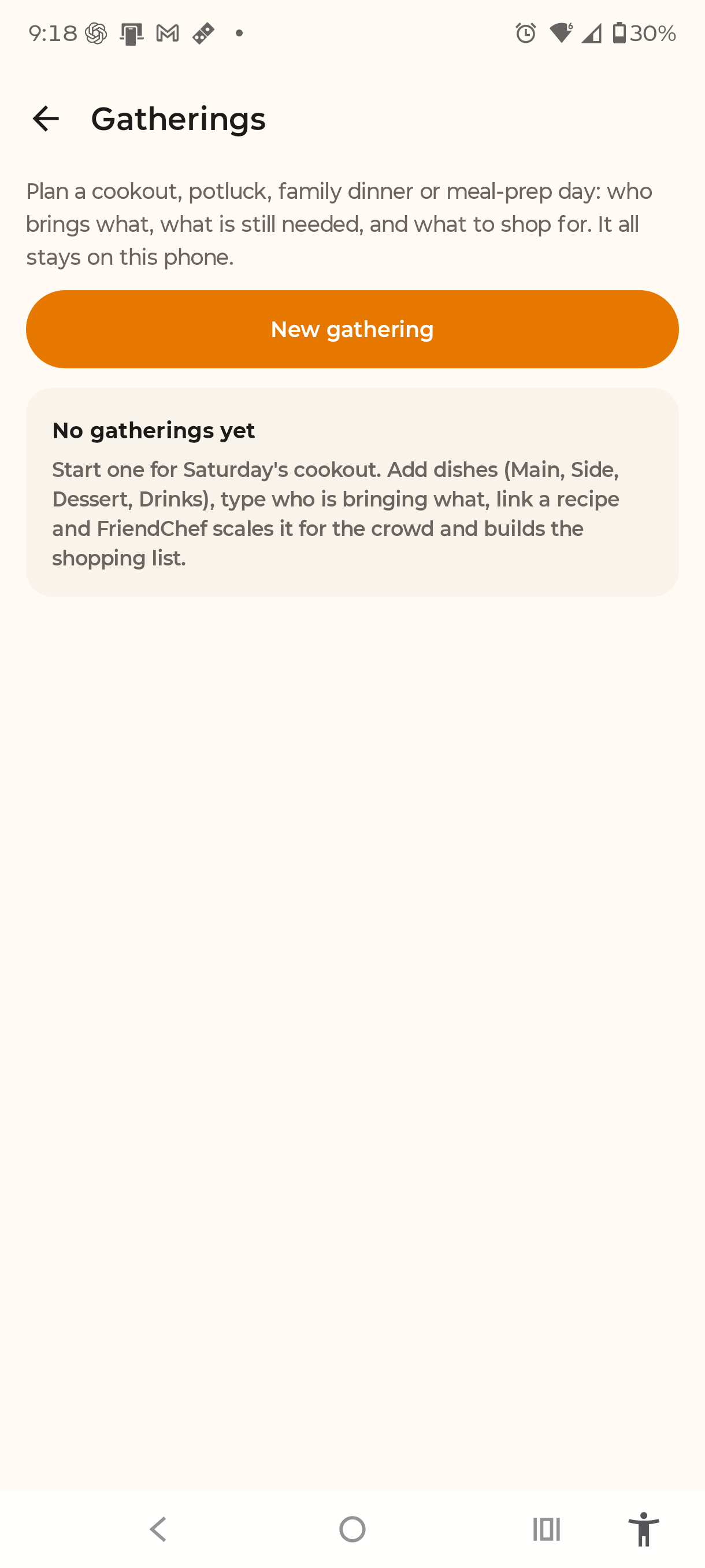 FriendChef Gatherings screen for cookouts and family meals with dishes, shopping, and who-brings-what planning.