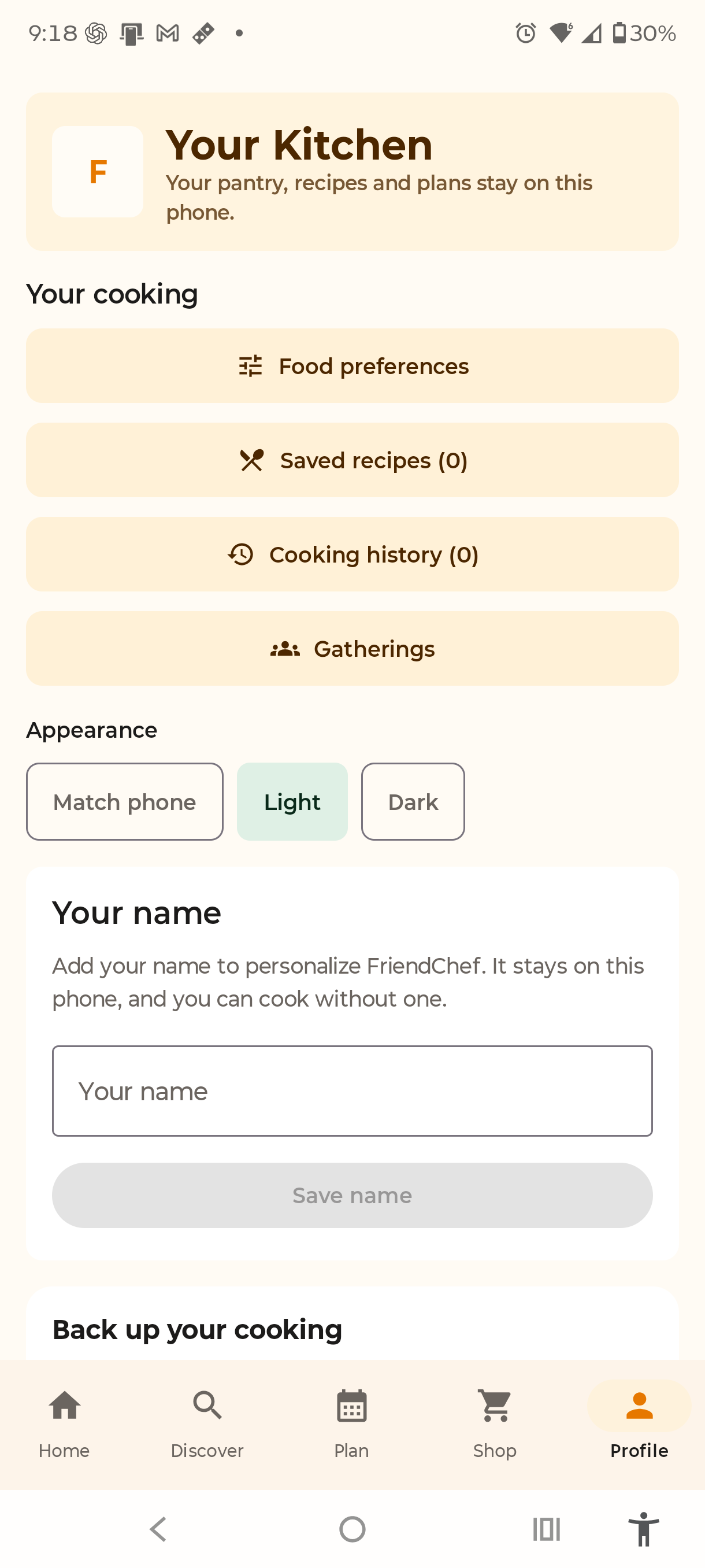 FriendChef profile screen showing saved recipes, cooking history, Gatherings, and on-device settings.