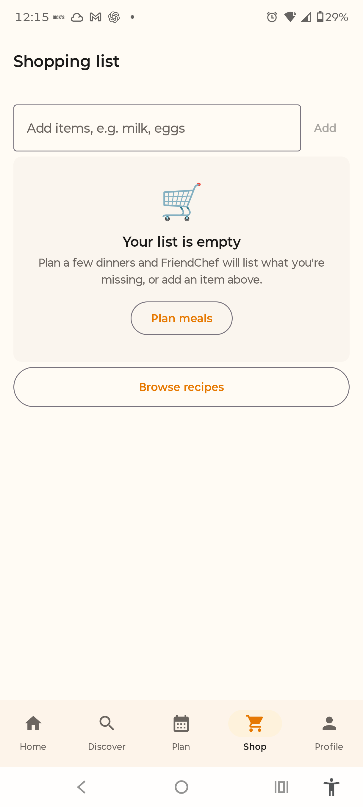 FriendChef shopping-list screen showing an organized list and meal-planning entry point.