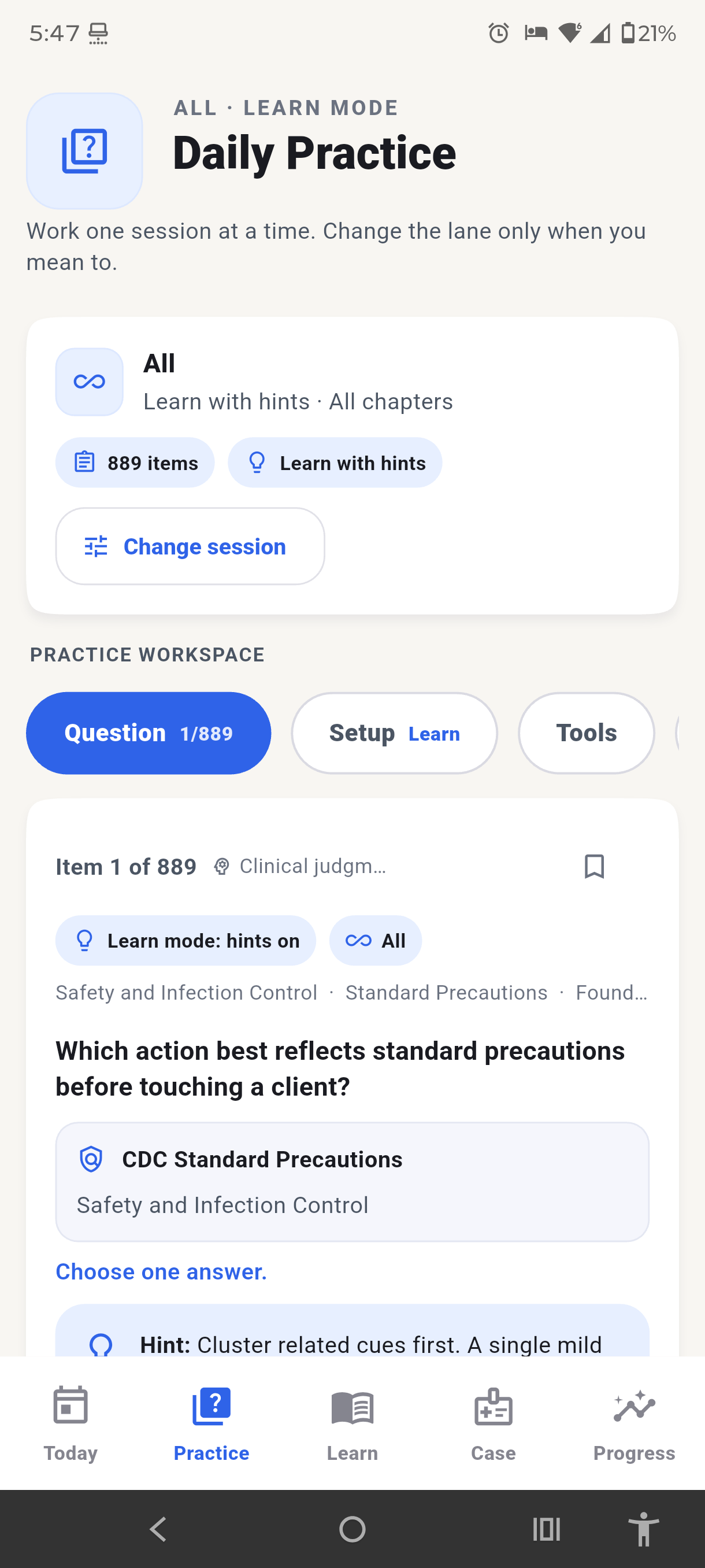 RN-Clinical-Coach Daily Practice screen showing an 889-item nursing study session.