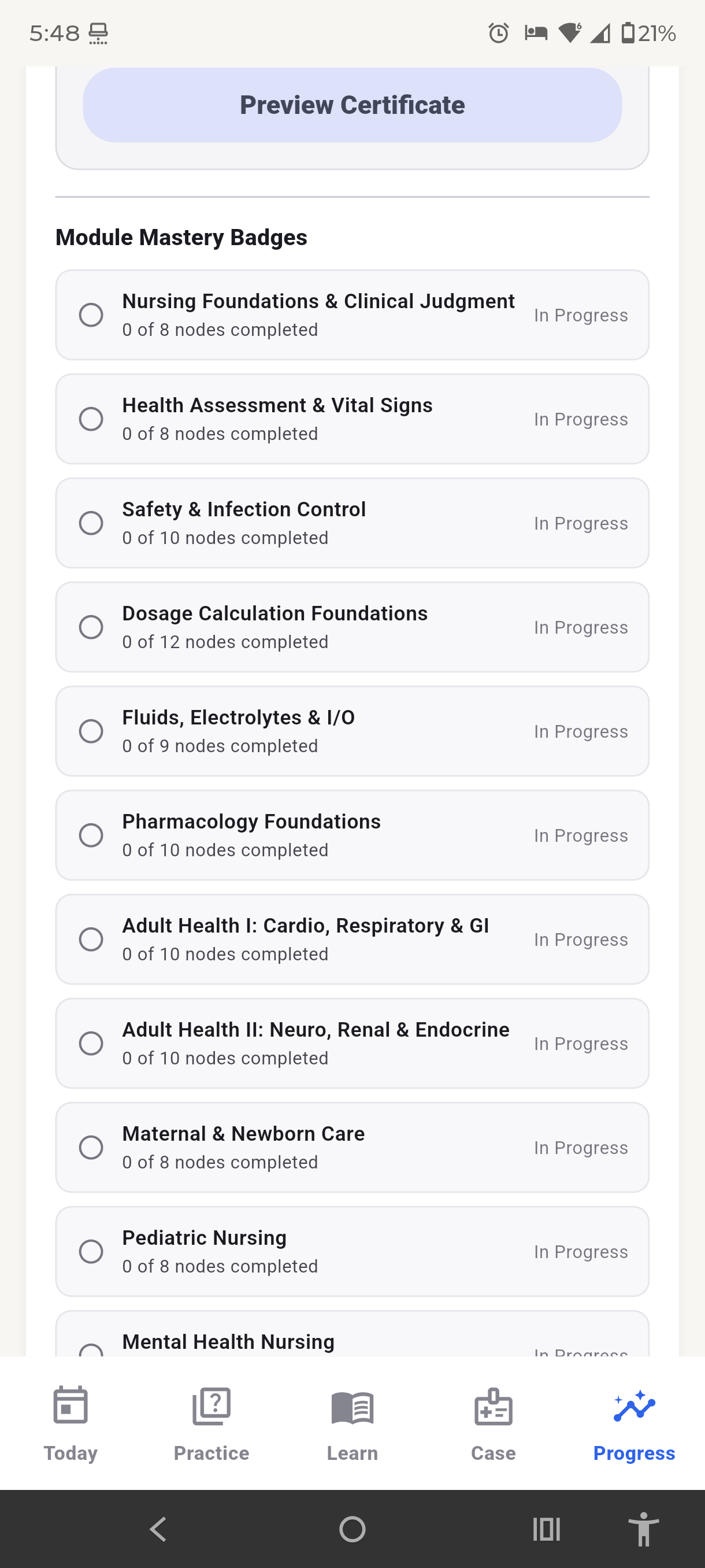 RN-Clinical-Coach progress screen showing nursing module mastery badges and completion status.