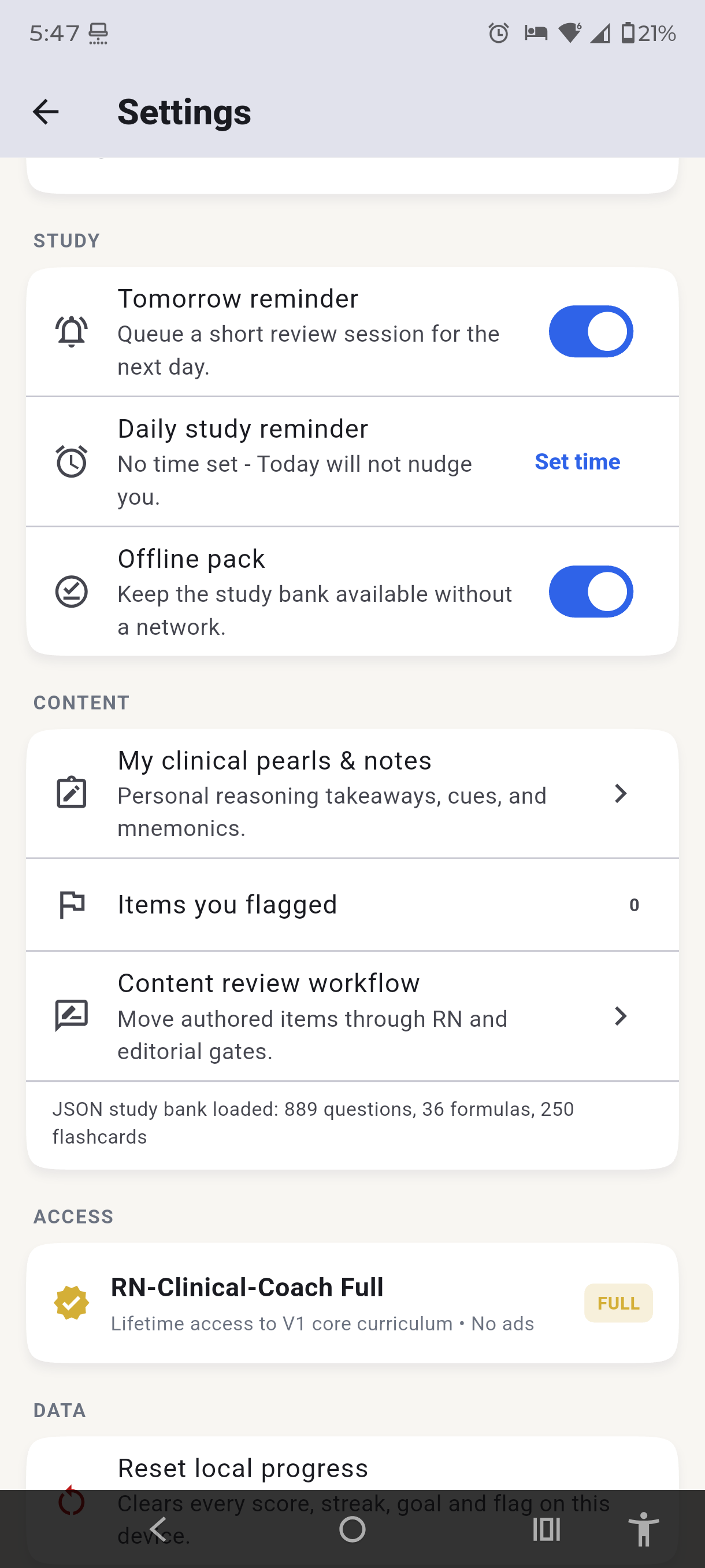 RN-Clinical-Coach settings screen showing study reminders, offline pack, and clinical notes.