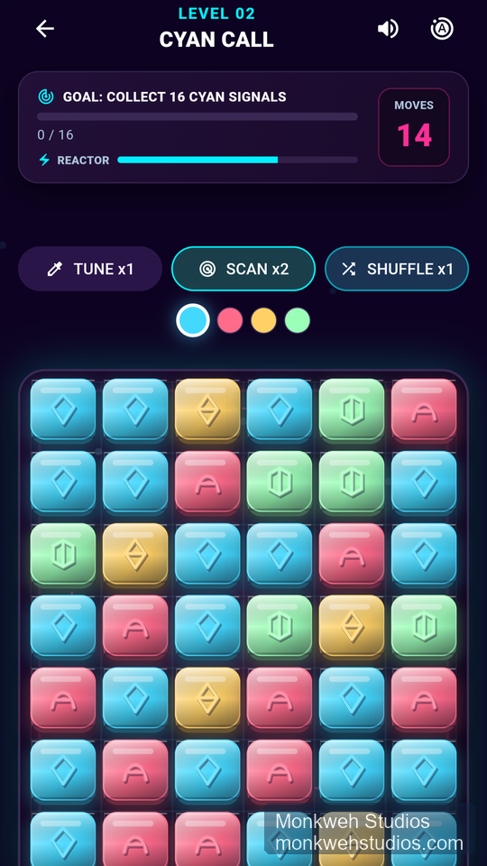 Signal Match level 2 board showing cyan signal goals, moves, and match tiles.
