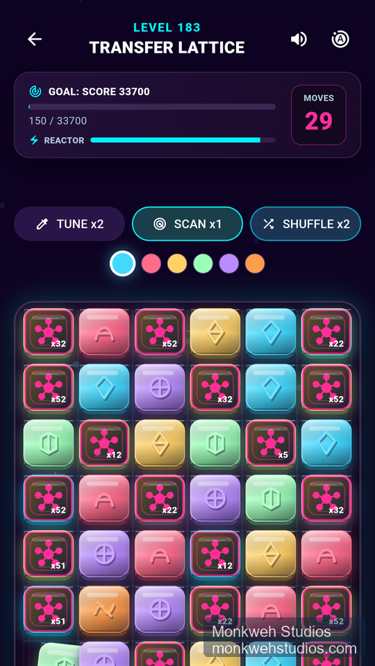 Signal Match level 183 board showing transfer-lattice goals and advanced tiles.