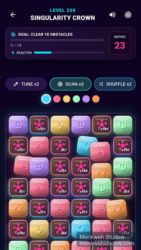 Signal Match level 250 board showing late-campaign obstacles and puzzle goals.