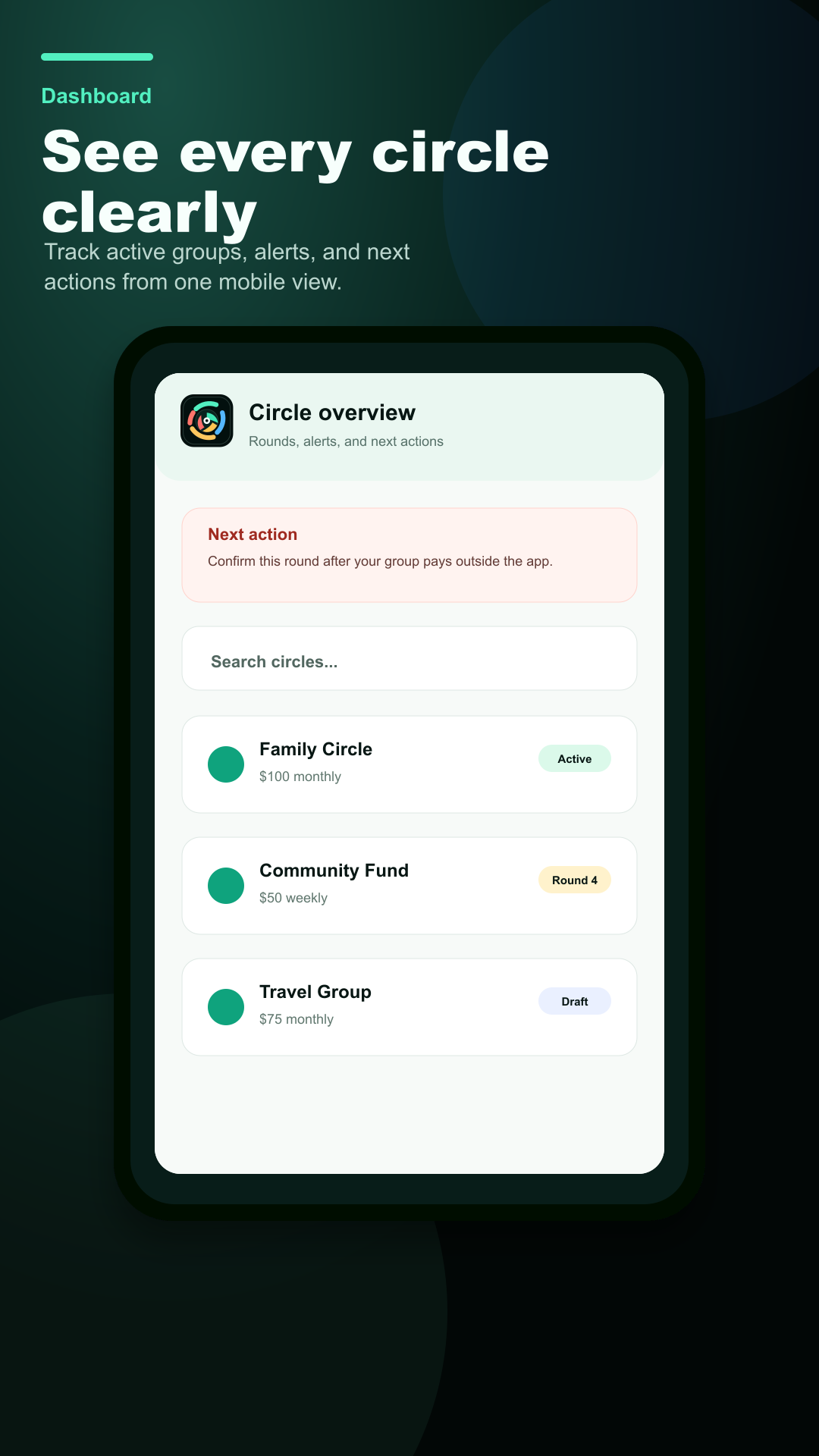CircleSync organizer dashboard showing a circle summary, next action, status, and record keeping options.