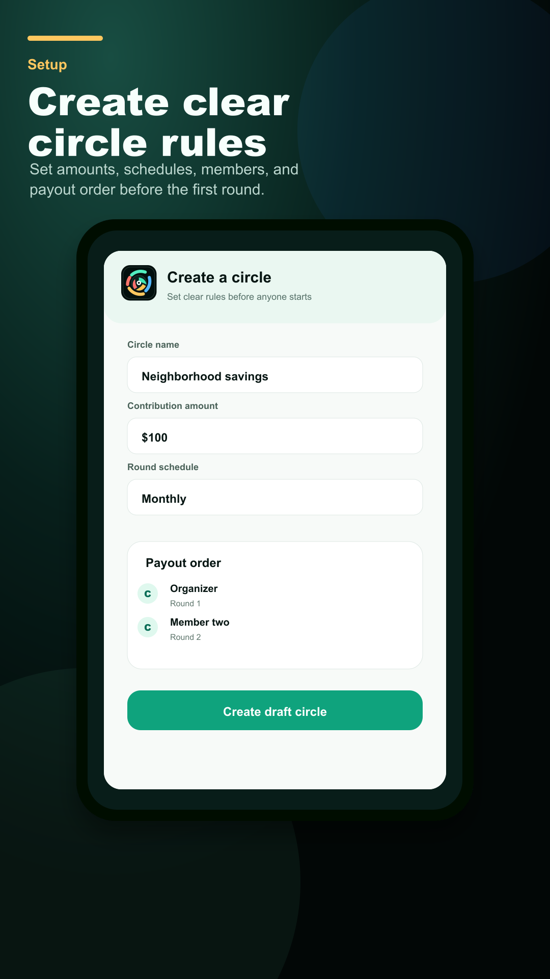 CircleSync create circle screen showing amount, schedule, number of members, start date, grace period, and payment method fields.