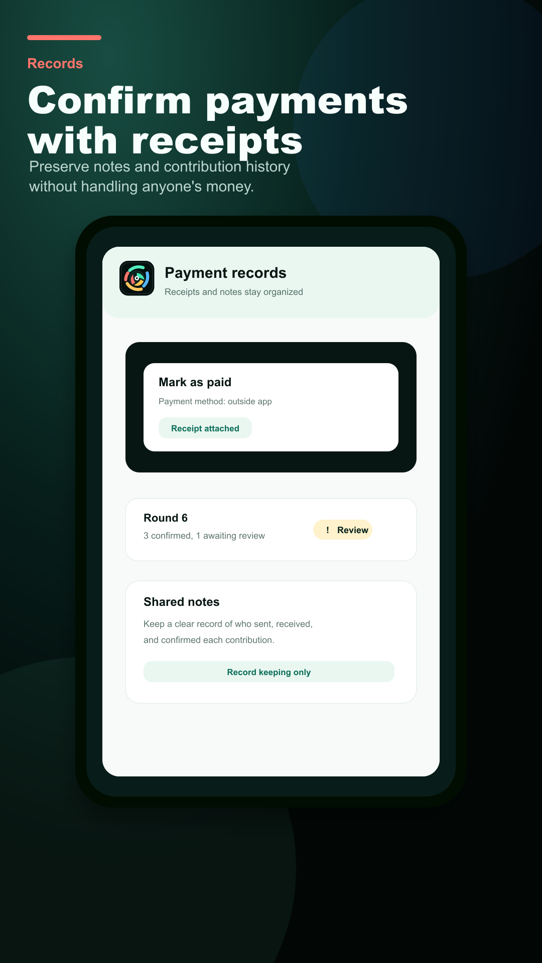CircleSync payment records screen showing contribution notes, receipt confirmation, and round status.
