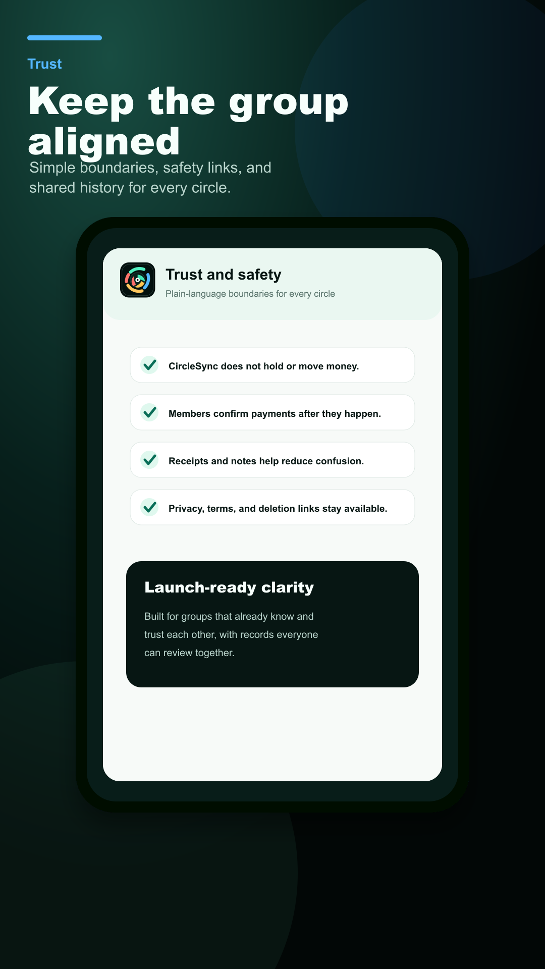 CircleSync help and safety screen explaining real savings circles and scam warnings.