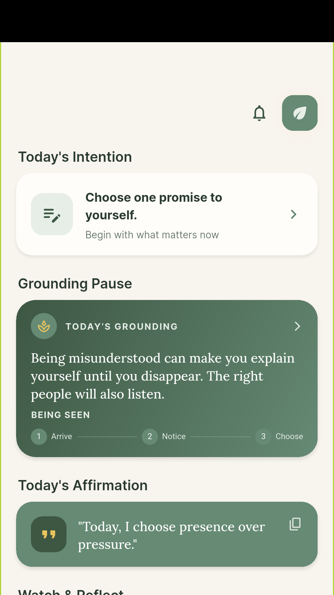 Sounra home screen showing Today's Intention, Grounding Pause, affirmation, and Watch & Reflect tools.