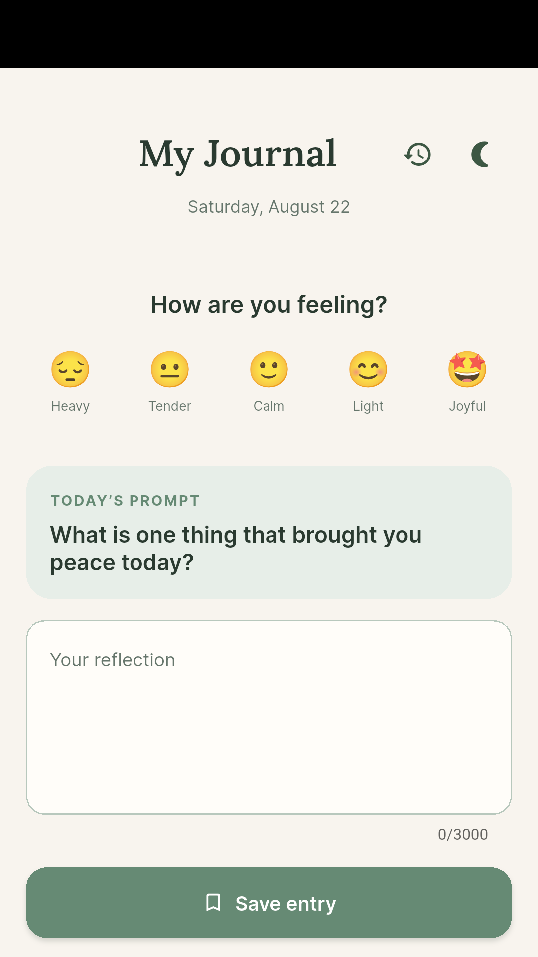Sounra journal screen showing mood options, a daily reflection prompt, and a private save entry button.