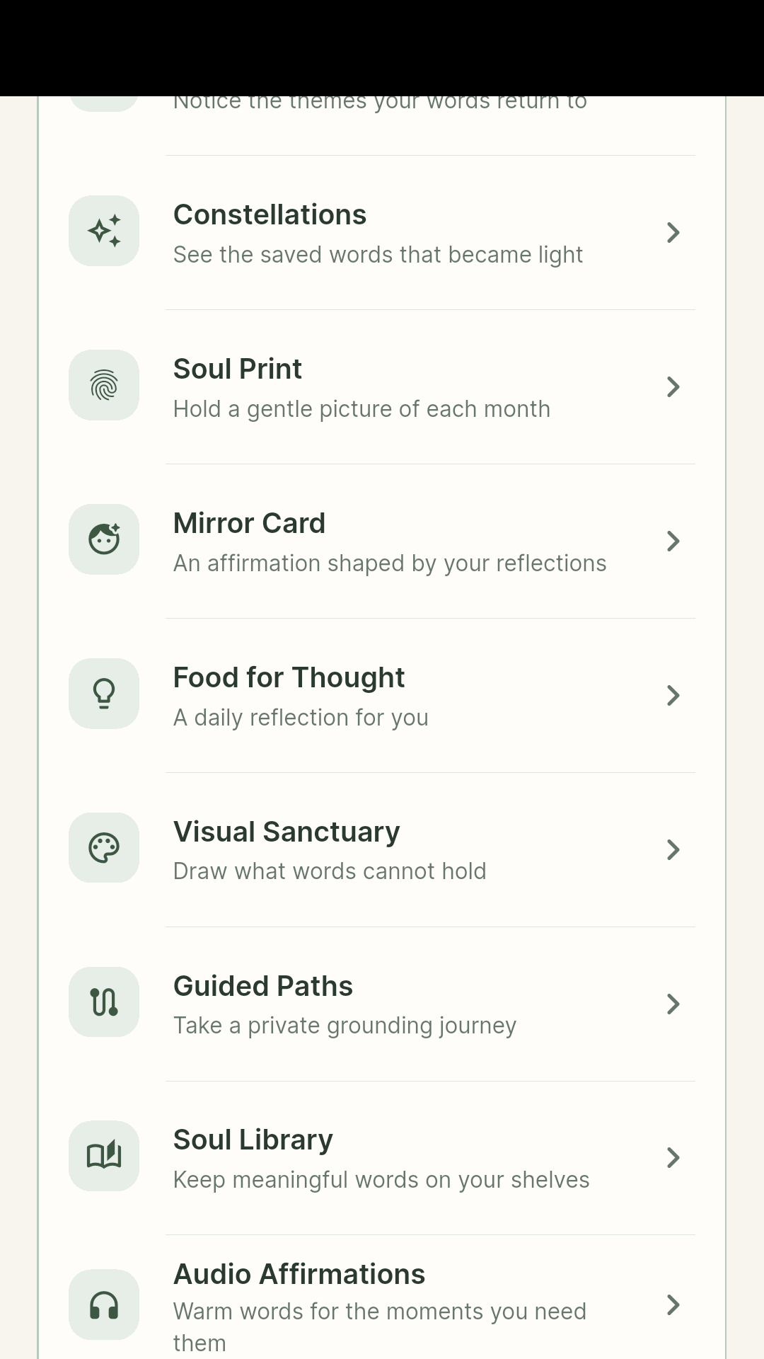 Sounra profile screen listing Soul Garden, Resonance Map, Constellations, Mirror Card, and other growth tools.