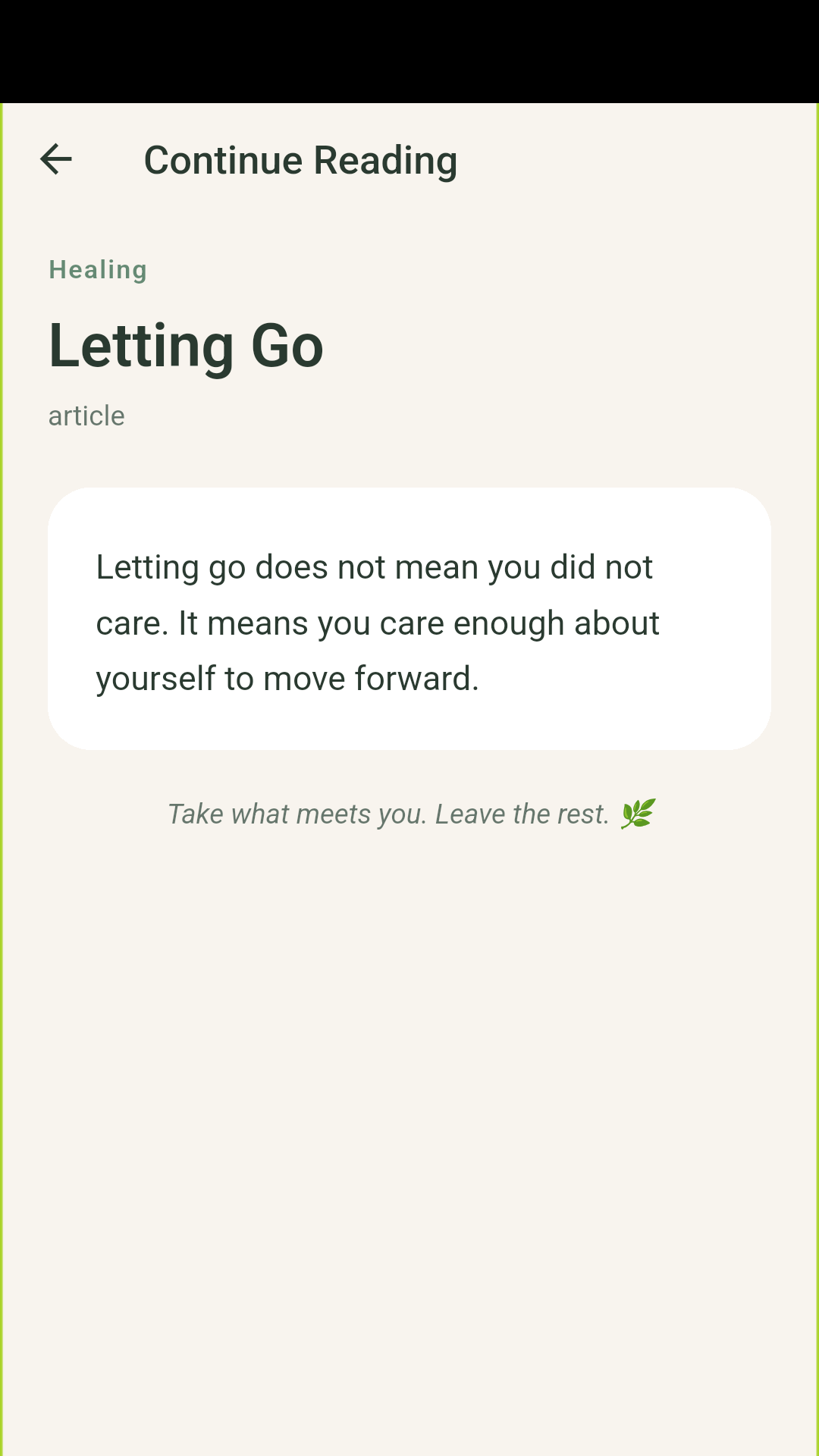 Sounra reading screen showing a Letting Go reflection article with a short message.