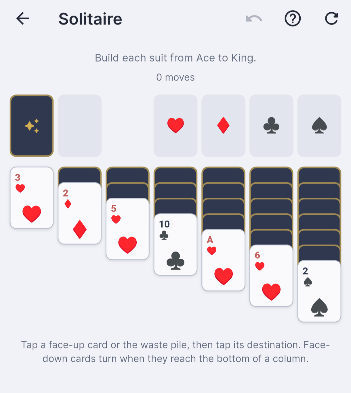 Sounra Solitaire game screen with card columns, suit foundations, move counter, help, undo, and reset controls.