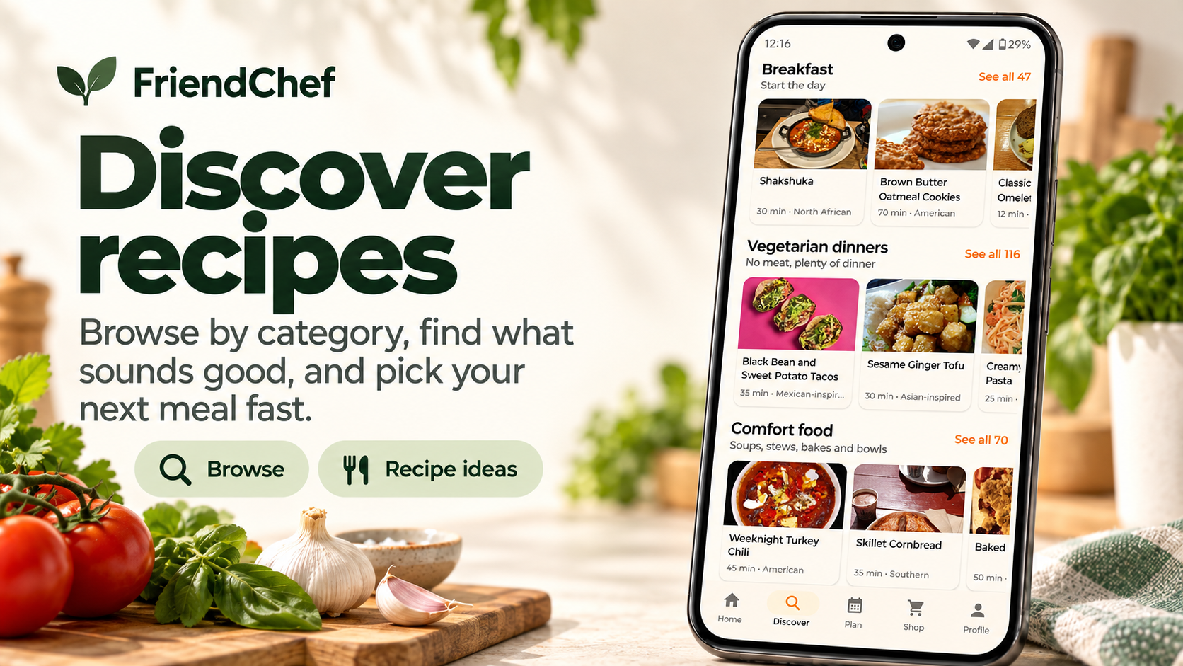 FriendChef Discover screen showing recipe categories and meal ideas.