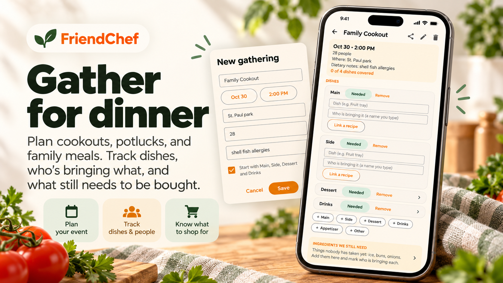 FriendChef Gatherings screen for a family meal showing dishes, people, dietary notes, and ingredients still needed.
