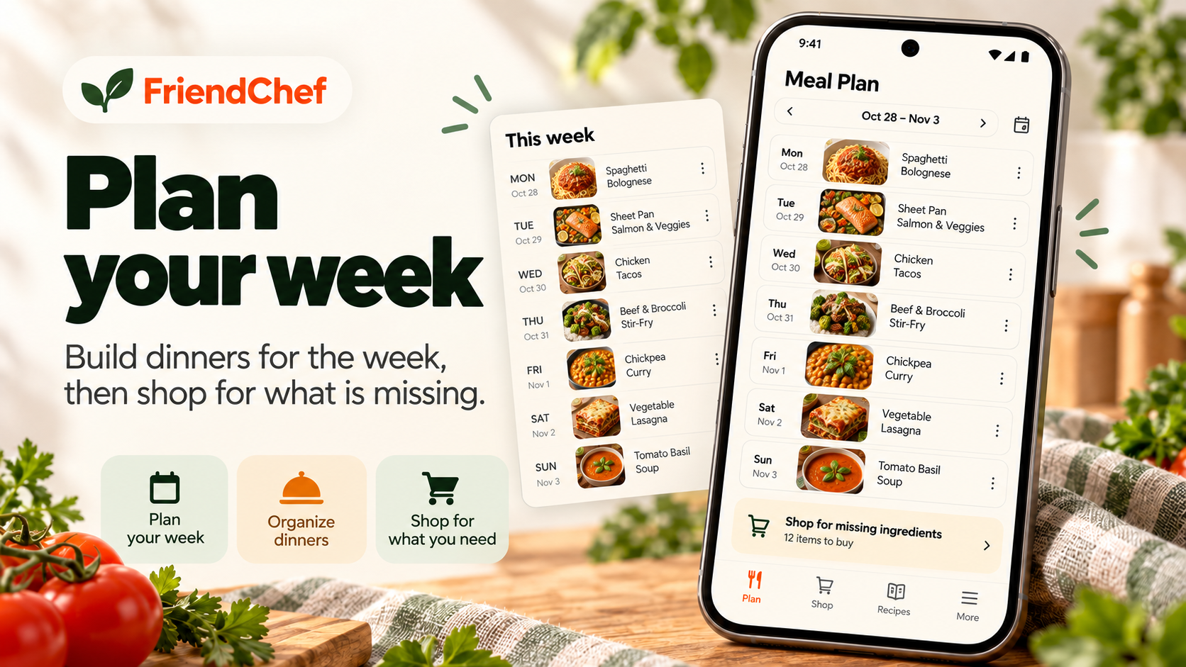 FriendChef meal plan screen showing dinners across a week and a shopping cue.