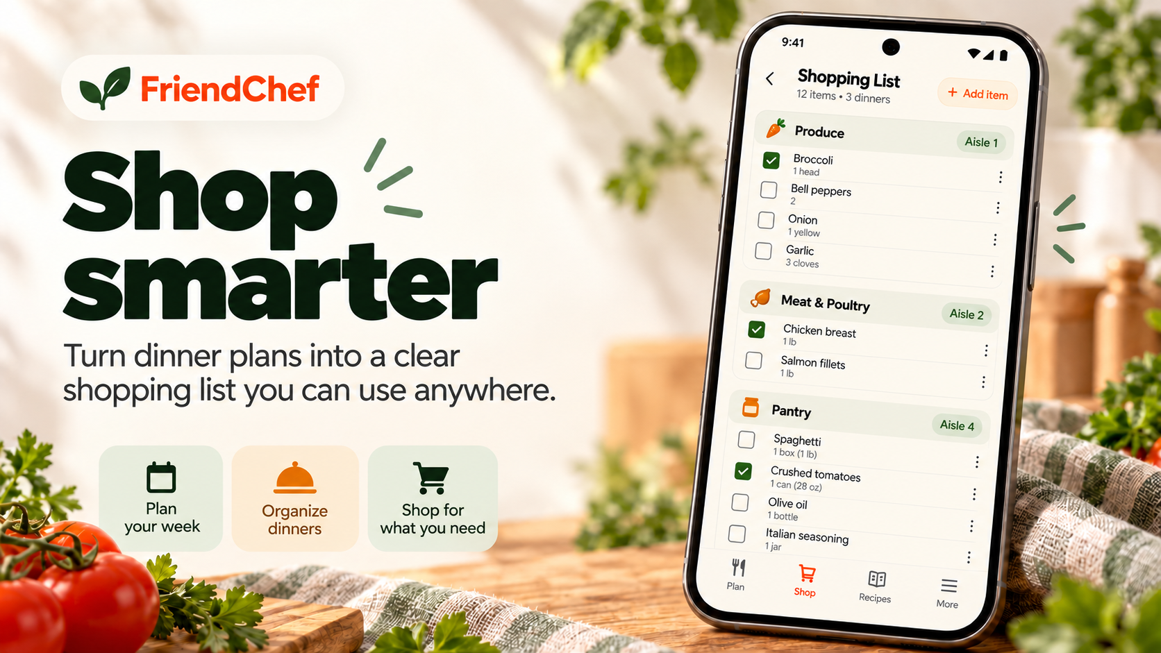FriendChef shopping list screen showing grouped ingredients with checkboxes.